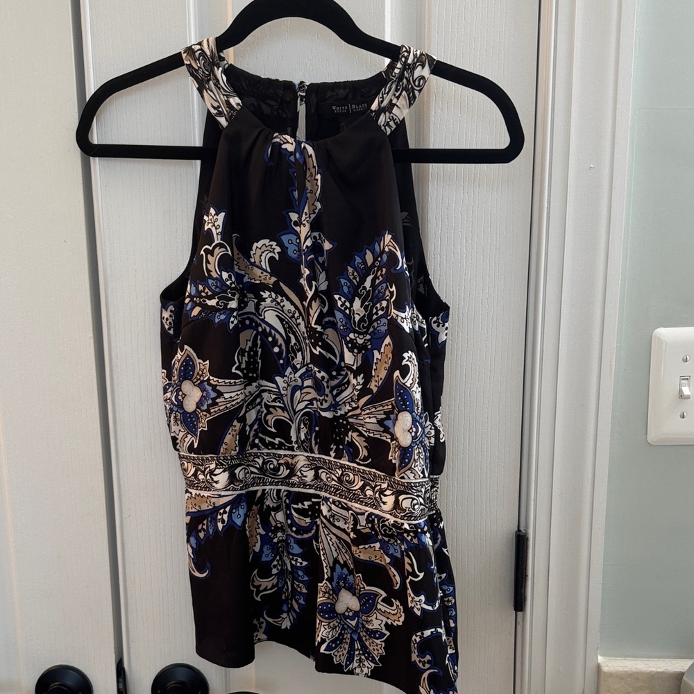 White House Black Market Black and Blue Floral Halter Top